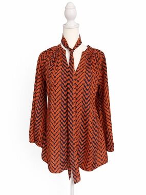 Chevron Tie-Neck Blouse in Rust and Navy